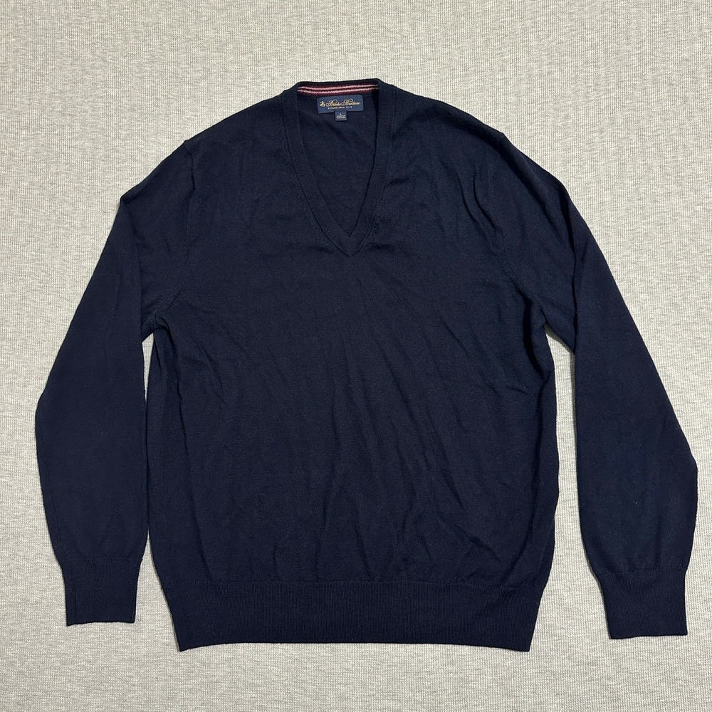 Brooks Brothers Mens Merino Wool V-Neck Sweater Pullover Navy Blue Size Large